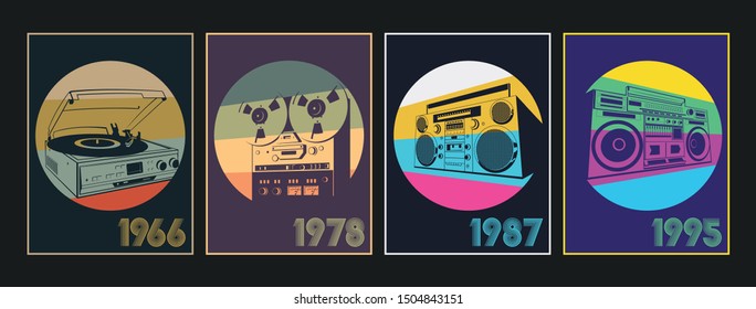 Retro Recorders from the 1960s, 1970s, 1980s, 1990s Vintage Poster Stylization