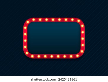 Retro rectangle bulb frame. Lightbox billboard with empty place for text isolated on dark background. Banner space for advertisement, promotion and text. Vector illustration.