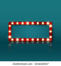 Retro rectangular banner sign with red frame and glowing bulbs. Colorful vintage advertisement billboard with space for text and reflection. Vector illustration