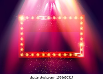 Retro rectangular banner sign with red frame and glowing bulbs. Colorful vintage advertisement billboard with space for text and reflection. Vector illustration