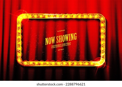 Retro rectangular banner sign with red frame and glowing bulbs. Colorful vintage advertisement billboard with space for text and reflection. Vector illustration