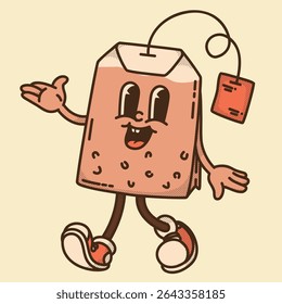 Retro rectangular black tea bag mascot presenting. Special Earl Grey and Assam limited edition character
