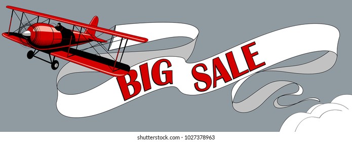 Retro red airplane with Big Sale inscription on the ribbon banner in the sky. Vintage engraving and pop art stylized drawing. Vector illustration