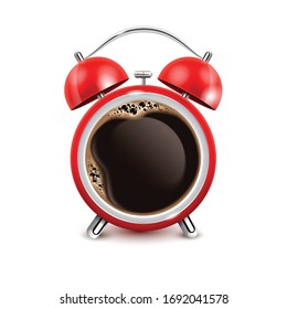 Retro red alarm clock with black coffee in middle on white background realistic vector illustration