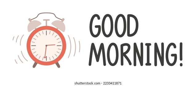 Retro red alarm clock is ringing. Good morning. Vector illustration of wake-up time.