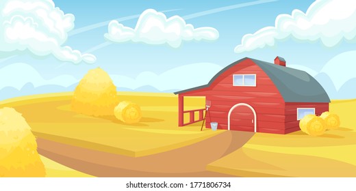 Retro red American barn in an agricultural field. Farming, harvest. Subsistence farming.