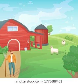 Retro red American barn in an agricultural field. Farming, harvest. Subsistence farming.