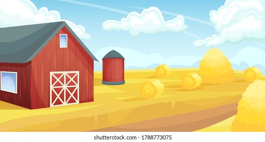 Retro red American barn in an agricultural field. Farming, harvest. Subsistence farming.