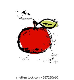 Retro red apple with green leaf, isolated on white background