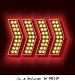 Retro red arrow. Volumetric vintage sign with lights. Neon red light falls on the black wall, Vector illustration. 