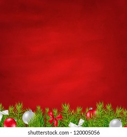 Retro Red Background And Fir Tree Border With Gradient Mesh, Vector Illustration