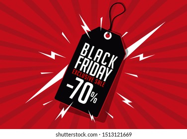 Retro red background with label design and text Black Friday. For Black Friday promotion in posters, flyers, banners, advertisements. Vector illustration.