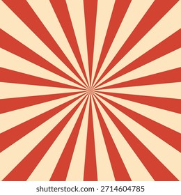 Retro red background with vintage circus sunburst. Psychedelic colorful swirl poster, abstract pattern in 70s carnival style. Hypnotic sunburst vector illustration.