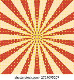 Fondo rojo retro con estallido de sol de circo vintage. Póster de remolino colorido psicodélico, patrón abstracto en estilo carnaval de los años 70. Ilustración vectorial hipnótica de rayos solares.