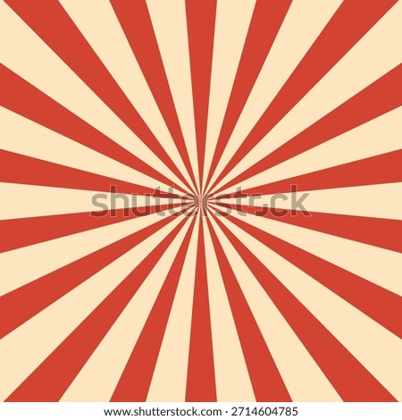 Retro red background with vintage circus sunburst. Psychedelic colorful swirl poster, abstract pattern in 70s carnival style. Hypnotic sunburst vector illustration.