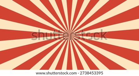 Retro red background with vintage circus sunburst. Psychedelic colorful swirl poster, abstract pattern in 70s carnival style. Hypnotic sunburst vector illustration.