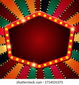 Retro red banner on colorful shining circus wheel background. Design for presentation, concert, show. Vector illustration