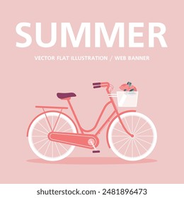 A retro red bicycle. Vintage bike with basket and flowers. Urban transport. Summer holidays. Vector flat illustration.
