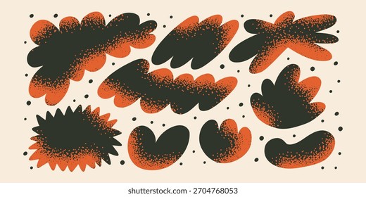 Colección roja retro de la forma de la gota. Burbujas groovy ingenuas, Formas planas funky cloudlike. Formas y figuras orgánicas Abstractas, pegatinas onduladas. Conjunto de pegatinas asimétricas.