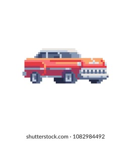 Retro red car 60s pixel art icon, cartoon automobile character isolated vector illustration. Game assets 8-bit sprite. Design stickers, logo, mobile app.