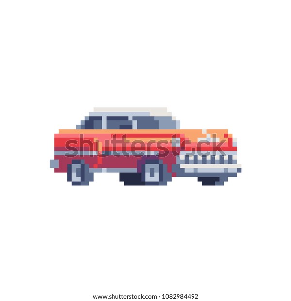 Retro red car 60s pixel art icon,\
cartoon automobile character isolated vector illustration. Game\
assets 8-bit sprite. Design stickers, logo, mobile\
app.