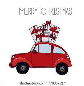 Retro red car with Christmas gifts. Winter holidays Greeting card. Transport auto full of presents festive new year decoration. Vintage lettering print. Vector art