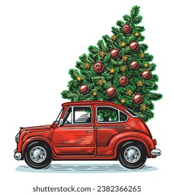 Retro red car and fir tree decorated with Christmas decorations. Happy Holidays vector illustration