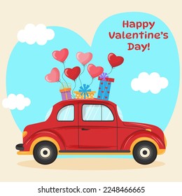 Retro red car with heart balloons and gift boxes. Blue sky and clouds. Happy Valentines day card.