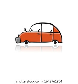 Retro red car, isolated on white. Sketch for your design. Vector illustration