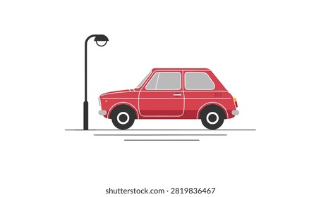 Retro red car parked beside a vintage street lamp on flat surface.