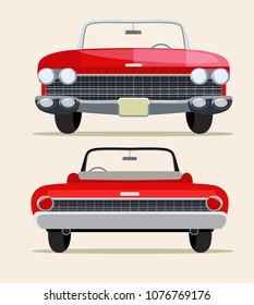 Retro red car vintage isolated. Front and rear view. Vector flat style illustration
