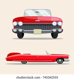 Retro red car vintage isolated. Side and front view. Vector flat style illustration