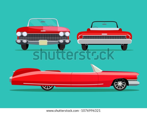 レトロな赤い車のビンテージ 側面図 背面図 正面図 ベクターフラットスタイルのイラスト のベクター画像素材 ロイヤリティフリー