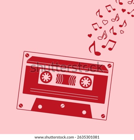 Retro red cassette tape with floating music notes and hearts on pink background. Fun vintage music illustration for love songs, playlists, and nostalgic design.

