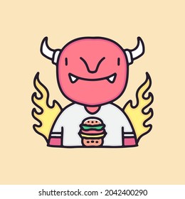 Retro red devil with burger and fire cartoon, illustration for stickers and t shirt.