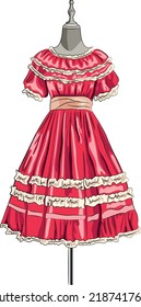 Vestido rojo retro en ilustración vectorial de mano falsa. Ropa de moda vintage en el dibujo de boceto de maniquíes. Hermosa, elegante ropa. Elemento de moda para pegatinas. Equipo de costura, sastrería