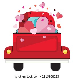 Retro red farmer pickup truck with colorful hearts illustration.