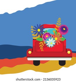 Retro red farmer pickup truck with colorful flowers, greeting card design.