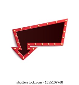 Retro red frame in form of arrow with shining light bulbs in realistic style isolated on white background - vector illustration template of blank glowing signboard with lamps.