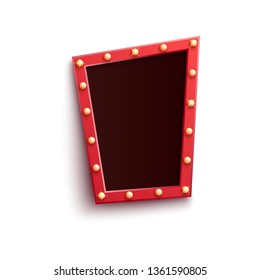 Retro red frame in form of quadrangle with shining light bulbs in realistic style isolated on white background. Vector illustration template of blank glowing signboard with lamps.