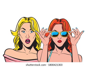 retro red hair and blond women cartoons design, Pop art vintage and fashion theme Vector illustration