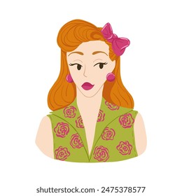 Mujer de cabeza roja retro en estilo colorido plano. Ilustración de dibujos animados con corte de pelo de los años 50. Ilustración vectorial dibujada a mano Diseño para salón de belleza, productos cosméticos, impresión, Web. 