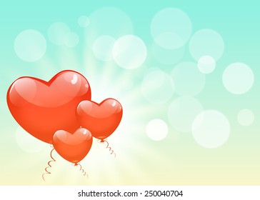 Retro red heart balloon in blue sky.  Valentine's Day. Vector EPS10.