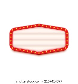 Retro red lightbox with light bulbs border. Signboard with retro style. Vector graphic element for poster, promotion post, banner advertising, trendy design projects. Blank mockup.