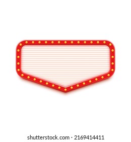 Retro red lightbox with light bulbs frame. Billboard with retro style. Vector graphic element for poster, promotion post, banner advertising, trendy design projects. Blank vector mockup.