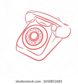 Retro red line vector illustration of a rotary telephone, evoking vintage communication and classic design