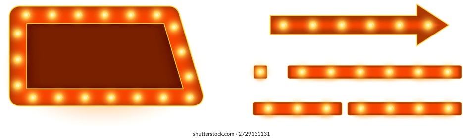 Quadro de letreiro vermelho retrô com lâmpadas brilhantes formando uma borda brilhante no coração, círculo e formas retangulares ideais para cartazes de circo, banners de casino, mostrar anúncios e illus vetor nostálgico