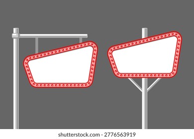Retro Red Marquee Sign Vector Illustration, Blank Vintage Theater Billboard with Glowing Light Bulbs, Flat Design Roadside Advertisement Board Mockup for Marketing Promo Cinema Motel Announcement.