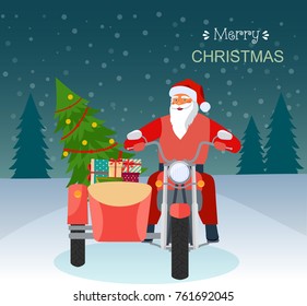 Retro red motorcycle with santa claus, christmas tree and gift boxes. Merry Christmas. Vector flat style illustration