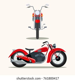 Retro red motorcycle vintage isolated. Front and side view. Vector flat style illustration